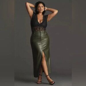 Anthropologie The Madi Faux-Leather Front-Slit Maxi Skirt by Pilcro Green